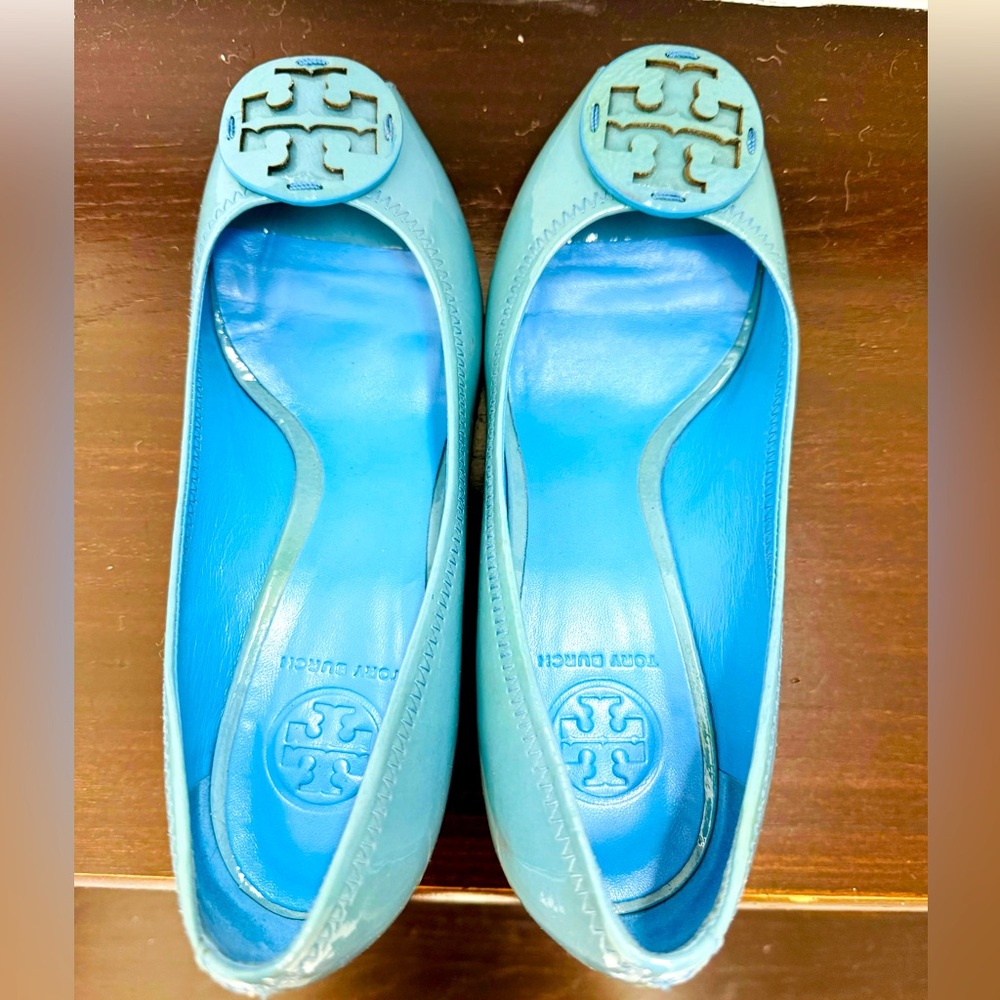 Tory Burch Light Blue open Toe Wedges. Size 9